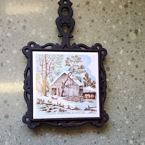 Vintage MCM Cast Iron & Ceramic Square Kitchen Trivet